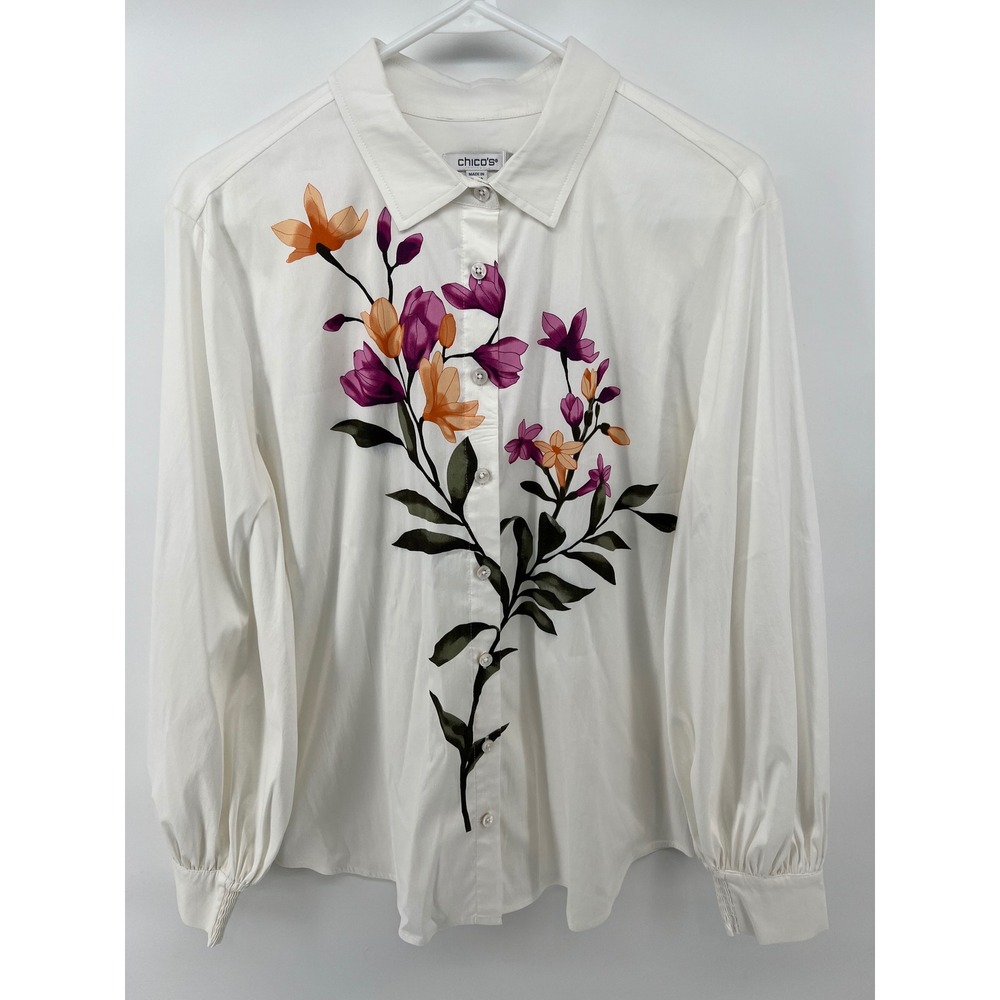 Chico's Size 2 (US 12) Feminine Button Up Shirt Floral White Balloon Sleeve Art